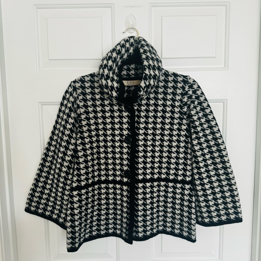 A.IDA Italia Wool Houndstooth Print Bell Sleeve Button Front Cardigan L…